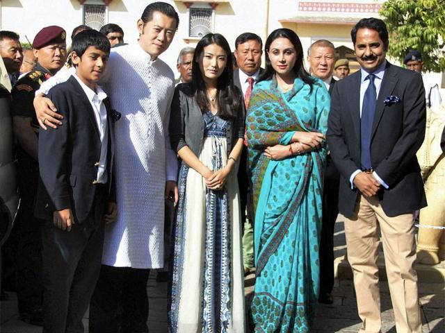 Bhutan's King Jigme Khesar Namgyel Wangchuk and his wife Queen Jetsun Pema meeting Prince Padamnabh Singh, son of the late Maharaja Bhawani Singh, princess Diya and her Husband Narendra Singh at City Palace in Jaipur during their three-day visit to Rajasthan.