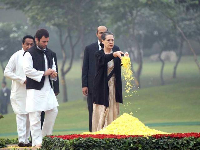 Sonia Gandhi with son Rahul Gandhi paying tribute to former Prime Minister Indira Gandhi at a remembrance ceremony on the occasion of her 27th death anniversary at Shakti Sthal in New Delhi.