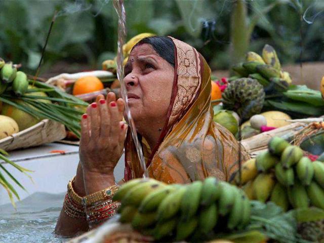 Former Bihar CM Rabri Devi worships Sun God on the occasion of Chhath puja in New Delhi.