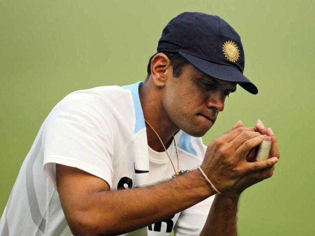 Rahul Dravid catches a ball during a practice session in New Delhi.