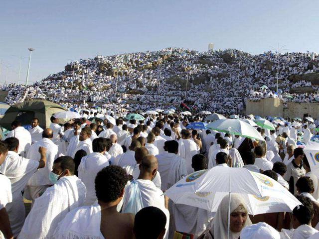 Muslim pilgrims pray on Mount Mercy on the plains of Arafat during the annual haj pilgrimage, outside the holy city of Mecca.