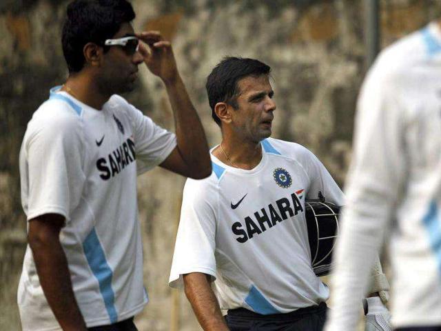 Rahul Dravid watches teammates during a practice session in New Delhi.