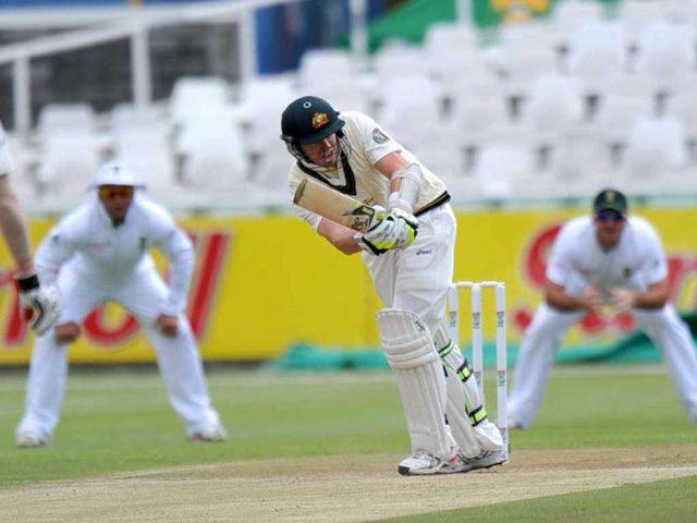 Australian Peter Siddle, plays a shot on day 2 of the 1st Test between Australia and South Africa at Newlands Stadium in Cape Town.
