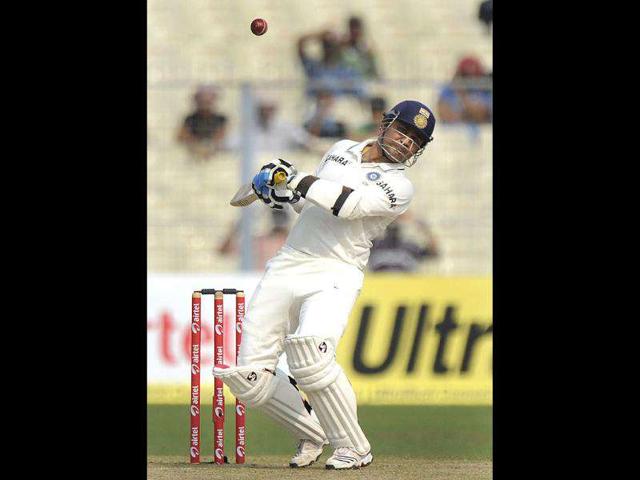 Virender Sehwag ducks the ball during the first day of the second Test match between India and the West Indies at The Eden Gardens in Kolkata.