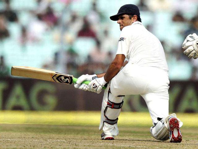 Rahul Dravid plays a shot during the first day of the second Test cricket match between Indian and West Indies at The Eden Gardens in Kolkata.