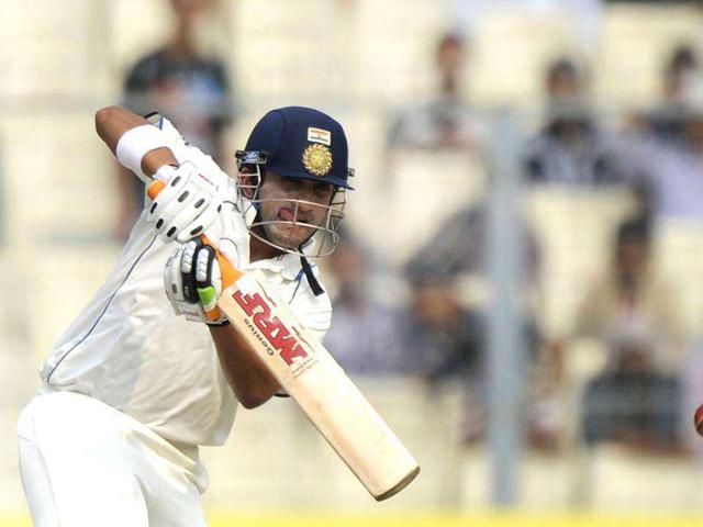 Gautam Gambir plays a shot during the first day of the second Test match between India and the West Indies at The Eden Gardens in Kolkata.