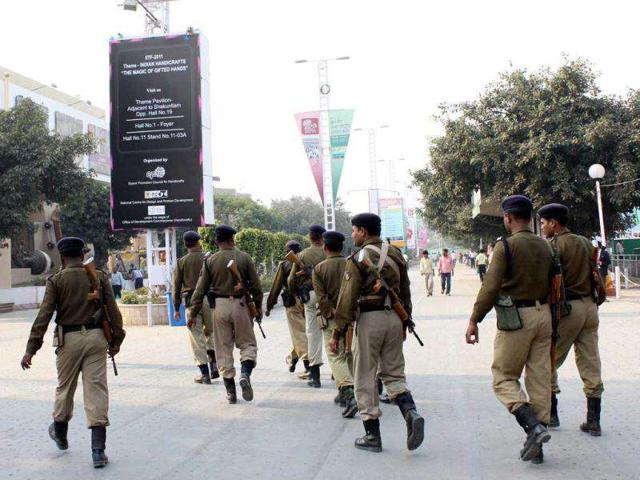 Security personnel at the 31st India International Trade Fair (ITTF) at Pragati Maidan in New Delhi. HT Photo by Sunil Saxena.