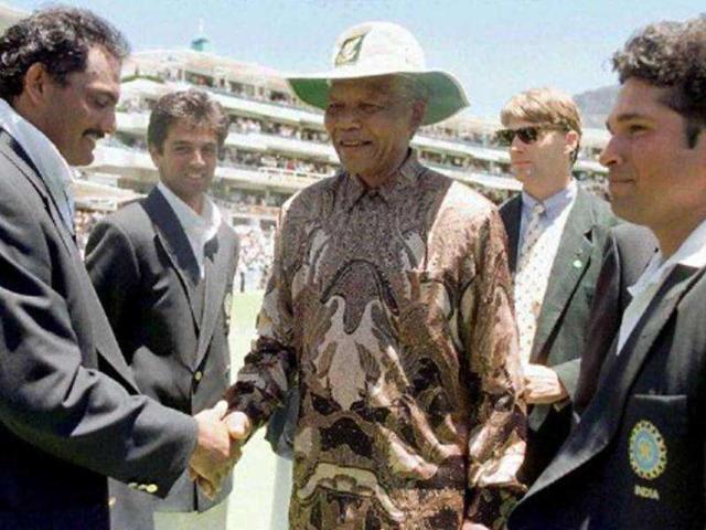 Sachin Tendulkar introduces former South African President Nelson Mandela to Mohammad Azharuddin during the lunch break on the third day of the Second cricket Test between South Africa and India at Newlands, 04 January, 1997. Sachin Tendulkar introduces former South African President Nelson Mandela to Mohammad Azharuddin during the lunch break on the third day of the Second cricket Test between South Africa and India at Newlands, 04 January, 1997.