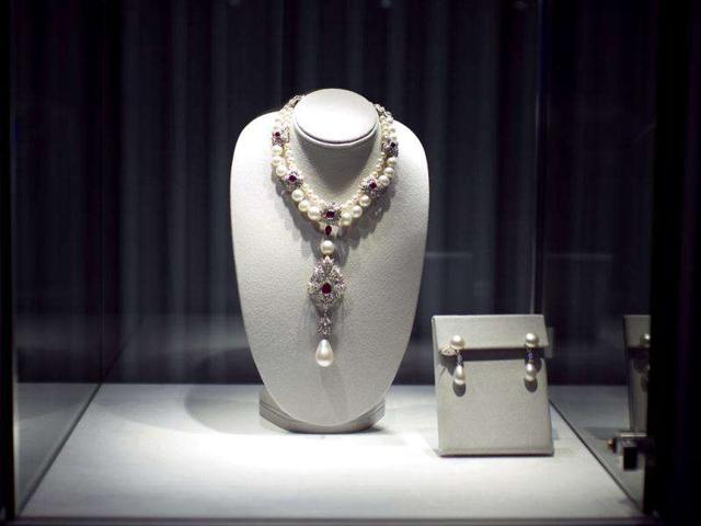 La Peregrina, a pearl, diamond, ruby and cultured pearl necklace by Cartier, given to Elizabeth Taylor by her fifth husband Richard Burton on display.