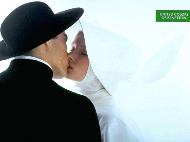 The Italian clothing company Benetton has run controversial advertising campaigns in the past. This ad depicts religious and sexual conflict (a priest kissing a nun).