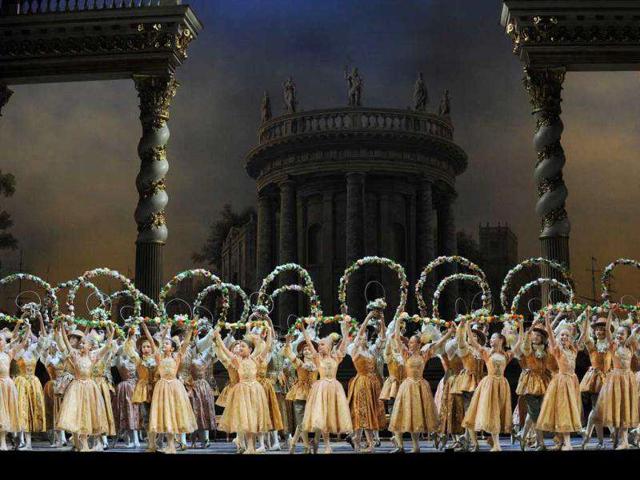 The Bolshoi ballet dancers perform during a rehearsal for a new production of Tchaikovsky's "The Sleeping Beauty" by Russian choreographer Yuri Grigorovich at the Bolshoi Theatre in Moscow.