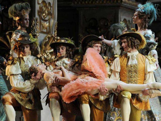 The Bolshoi ballet dancers perform during a rehearsal for a new production of Tchaikovsky's "The Sleeping Beauty" by Russian choreographer Yuri Grigorovich at the Bolshoi Theatre in Moscow.