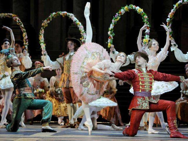 Russian dancer Svetlana Zakharova (C) and the Bolshoi ballet dancers perform during a rehearsal for a new production of Tchaikovsky's "The Sleeping Beauty" by Russian choreographer Yuri Grigorovich at the Bolshoi Theatre in Moscow.