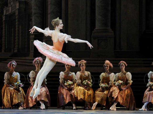 Russian dancer Svetlana Zakharova and the Bolshoi ballet dancers perform during a rehearsal for a new production of Tchaikovsky's "The Sleeping Beauty" by Russian choreographer Yuri Grigorovich at the Bolshoi Theatre in Moscow.