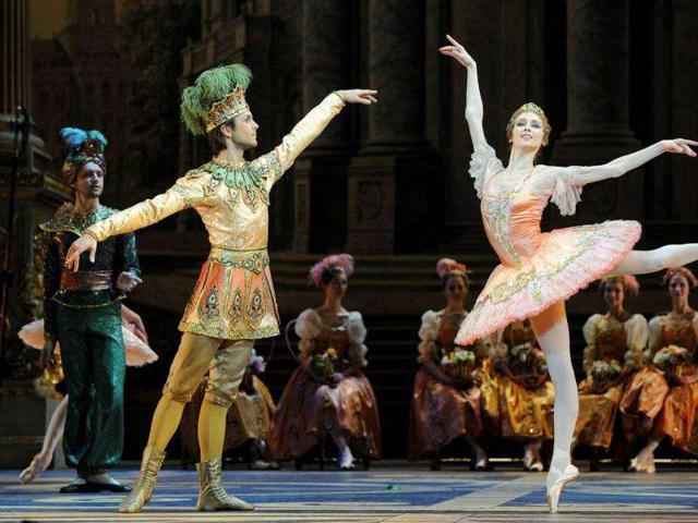 Russian dancer Svetlana Zakharova (R) and the Bolshoi ballet dancers perform during a rehearsal for a new production of Tchaikovsky's "The Sleeping Beauty" by Russian choreographer Yuri Grigorovich at the Bolshoi Theatre in Moscow.