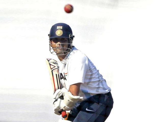 Sachin Tendulkar bats during a training session ahead of their third Test cricket match against West Indies in Mumbai.
