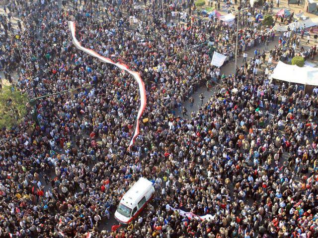 Thousands of Egyptian protesters attend a rally at Tahrir Square on the fourth day of clashes between protesters and riot police in Cairo. AFP Photo/Khaled Desouki