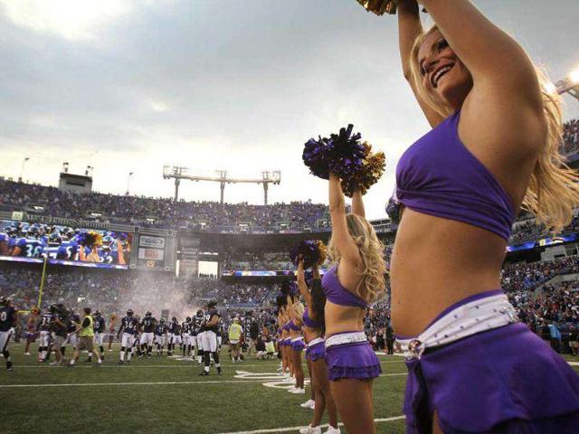 Baltimore Ravens cheerleader Angel lines up while players take to the field for a Ravens NFL football game in Baltimore, Maryland. Cheerleader talent is strong in the US and hundreds of candidates face three intense days of sudden-death eliminations against returning team members expecting to make the squad.
