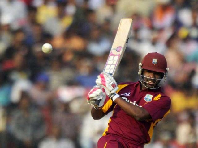 West Indies cricketer Darren Bravo plays a shot during their first ODI cricket match against India at The Barabati Stadium in Cuttack.