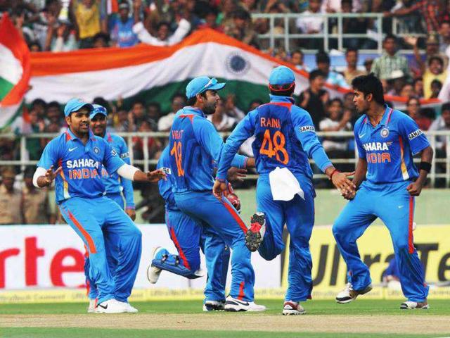 Indian players celebrate after clinching Danza Hyatt's wicket in the 2nd ODI against West Indies, at Dr YS Rajasekhara Reddy Cricket Stadium.