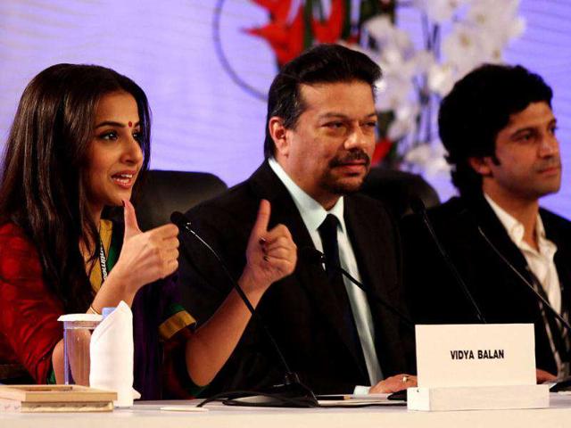 Bollywood actor Vidya Balan (Left), Vir Sanghvi (Center) and director-actor Farhan Akhtar (Right) during HT Leadership Summit 2011 at The Taj Palace Hotel in New Delhi.