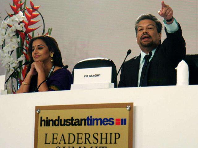 Bollywood actor Vidya Balan and Vir Sanghvi during the HT Leadership Summit. (HT Photo/Subhendu Ghosh)