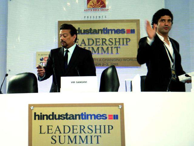 Farhan Akhtar and Vir Sanghvi at HT Leadership Summit.