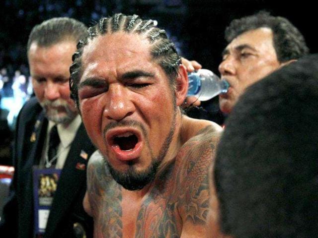 Antonio Margarito of Mexico reacts after his fight against Miguel Cotto of Puerto Rico was stopped due to Margarito's right eye injury in their WBA World Junior Middleweight championship boxing match at New York's Madison Square Garden.