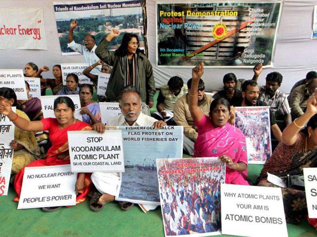 Members of Civil society organisations holding placards during an Anti-Nuclear protest demonstration at Jantar Mantar in New Delhi. (PTI Photo)