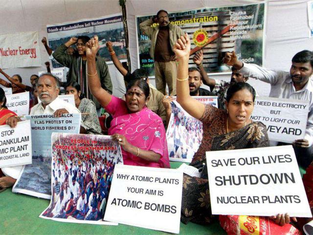 Members of Civil society organisations holding placards during an Anti-Nuclear protest demonstration at Jantar Mantar in New Delhi. (PTI Photo)
