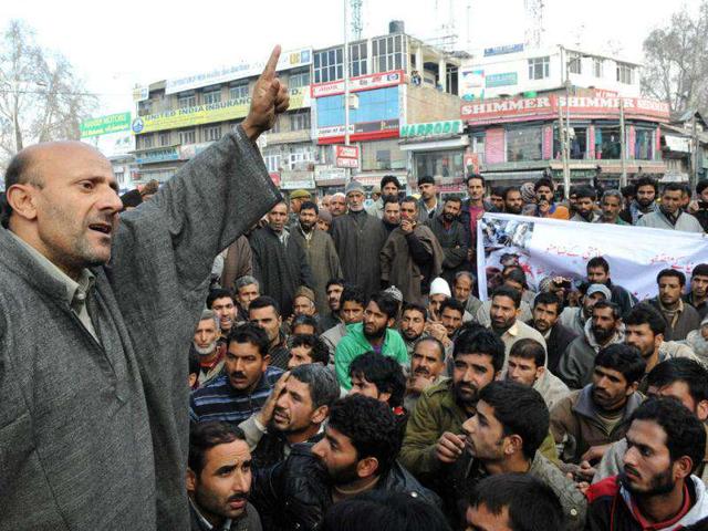 Kashmiri lawmaker Engineer Sheikh Abdul Rashid addresses supporters during a demonstration to mark International Human Rights Day in Srinagar. Demonstrations were held in Srinagar to protest against alleged human rights violations by security forces on Kashmiris. AFP/Rouf Bhat