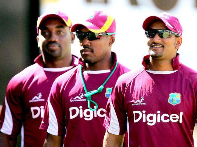 West Indies cricketers Ravi Rampaul, Darren Bravo and Danza Hyatt during a practice session ahead of the 5th ODI against India in Chennai. PTI/R Senthil Kumar