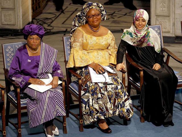 Nobel Peace Prize winners Liberian President Ellen Johnson-Sirleaf, Liberian peace activist Leymah Gbowee and Yemeni human rights activist Tawakul Karman attend the award ceremony in Oslo.