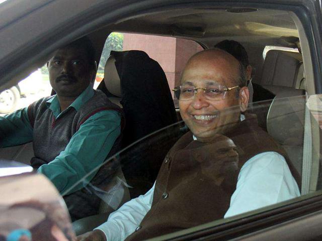 Chairman, standing committee, Abhishek Manu Singhvi, leaves after attending the Parliament winter session at Parliament House in New Delhi. (HT Photo/Sonu Mehta)