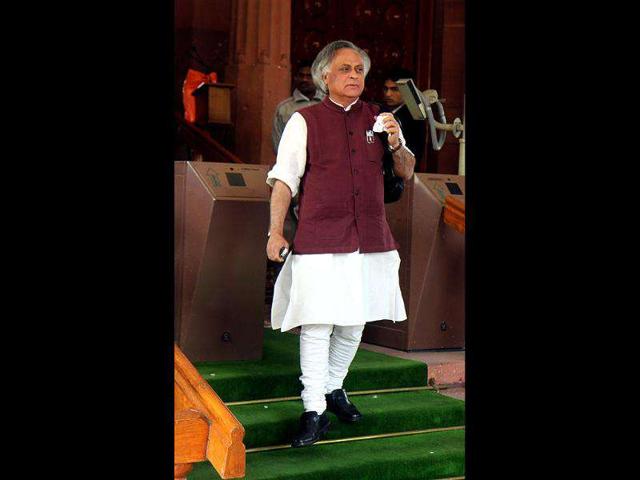 Rural development minister Jairam Ramesh leaves after attending the winter session of Parliament, at Parliament House in New Delhi. (HT Photo/Sonu Mehta)