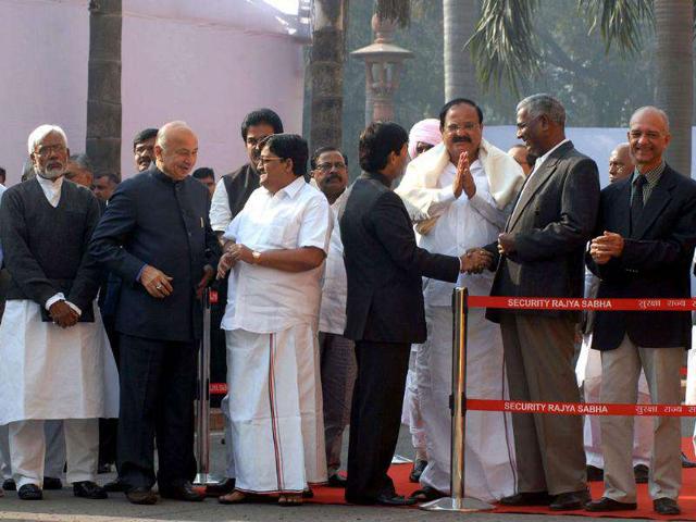 Members of Parliament wait for their turn to pay tribute to martyrs of Parliament attack on 10th anniversary in New Delhi.