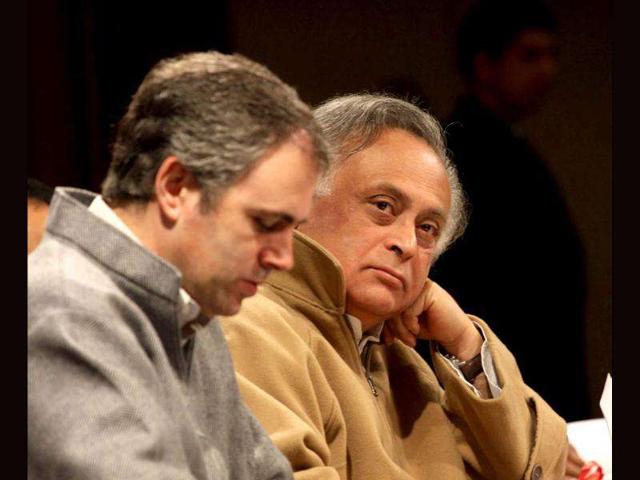 Jammu and Kashmir chief minister Omar Abdullah shares stage with union rural development minister Jairam Ramesh during a function held in connection with the distribution of appointment letters under Himayat project launched to provide skill development training to the unemployed youth of Jammu and Kashmir in Srinagar.HT Photo/Waseem Andrabi