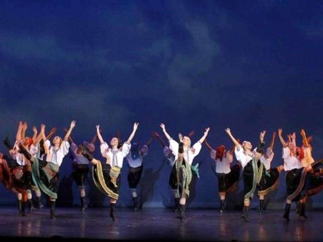 Dancers of the Igor Moiseyev (Moisseiev) Russian ballet, who is celebrating his 75th birthday, perform on stage at the Palais des Congres in Paris. AFP/Francois Guillot