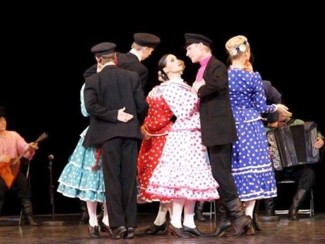 Dancers of the Igor Moiseyev (Moisseiev) Russian ballet, who is celebrating his 75th birthday, perform on stage at the Palais des Congres in Paris. AFP/Francois Guillot