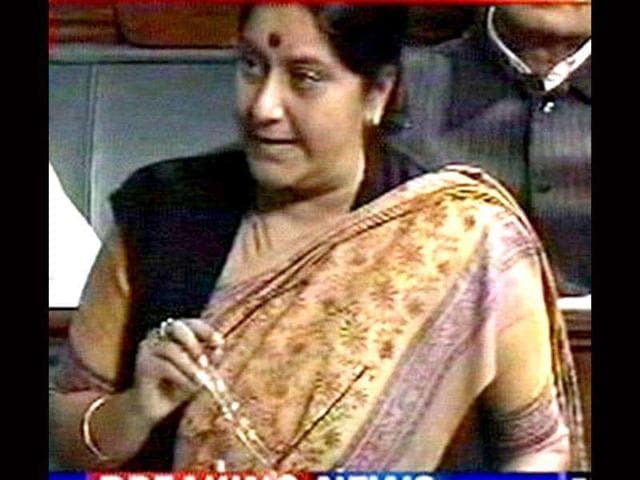 TV grab shows leader of Opposition Sushma Swaraj speaking on the Lokpal Bill in the Lok Sabha in New Delhi.