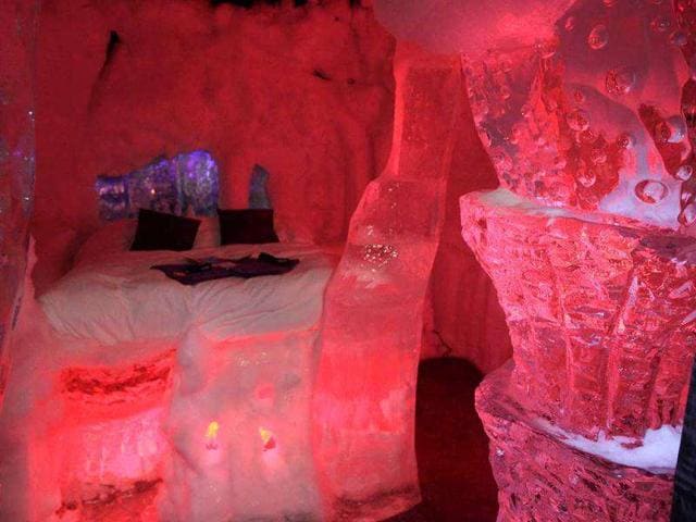 View of a room at the first Dutch ice hotel in Zwolle. The temperature constantly hovers between six and eight degrees Celsius. AFP Photo / Anoek De Groot