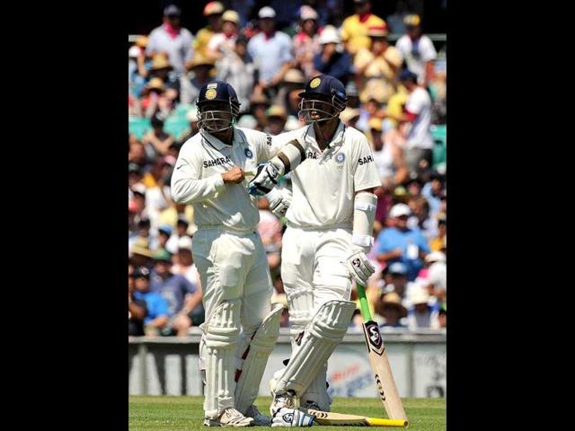 Rahul Dravid waits alongside Virender Sehwag, for a third umpire decision to confirm his dismissal on day one of the second cricket Test at the Sydney Cricket Ground. AFP