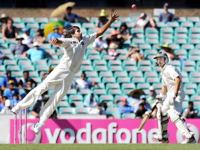 Zaheer Khan leaps to try and catch out Australian batsman Ricky Ponting as Ed Cowan returns to his crease during the second cricket Test and the 100th Test at the Sydney Cricket Ground. AFP