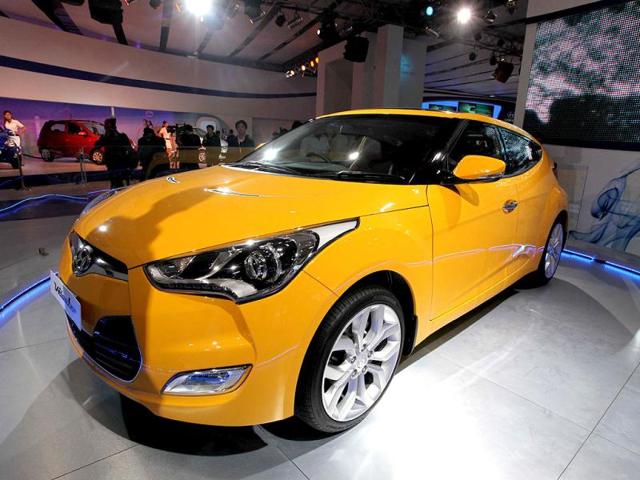 Three door open, Hyundai Veloster, is on display at the 11th Auto Expo 2012, at Pragati Maidan in New Delhi. (HT Photo/Raj K Raj)