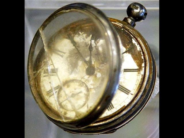 A pocket watch found in the belongings of a third class passenger named William Henry Allen, found in the Titanic wreckage, is among a sampling of Titanic artifacts on preview in New York. The complete collection of artifacts recovered from the wreck site of the RMS Titanic will be auctioned by Guernsey's Auction House in April. AP Photo/Bebeto Matthews