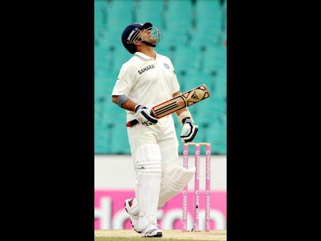 Sachin Tendulkar looks skywards after reaching his 50 on day four of the second cricket Test against Australia at the Sydney Cricket Ground.(AFP Photo)