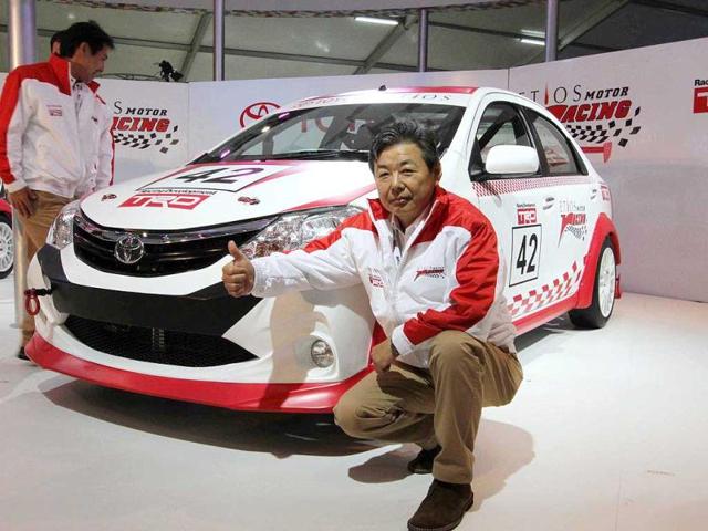 Hiroshi Nakagawa MD of Toyota Kirloskar Motors Pvt Ltd launched Etios motor racing concept cars at the Auto Expo at Pragati Maidan in New Delhi. HT Photo by Arvind Yadav