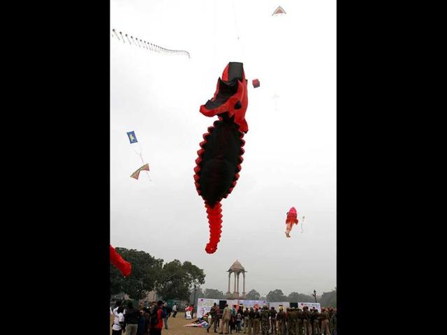 Kites of various shapes and sizes fly at India Gate on the occasion during th Kite festival 2012 , in New Delhi. (HT Photo/Sanjeev Verma)