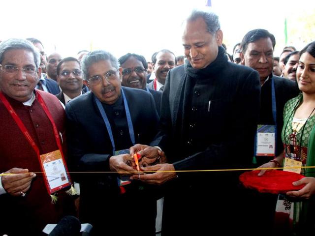 NRI affairs minister Vayalar Ravi and Rajasthan chief minister Ashok Gehlot inaugurate the Modern Rajasthan Exhibition at the 10th Pravasi Bharatiya Divas celebrations in Jaipur.