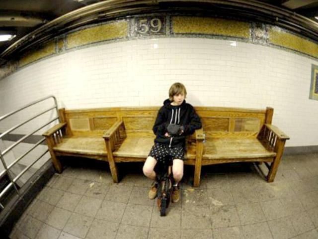 Some riders in the New York City subway in the underwear as the take part in the 2012 No Pants Subway Ride. Started by Improv Everywhere, the goal is for riders to get on the subway train dressed in normal winter clothes (without pants) and keep a straight face. AFP PHOTO / Timothy A Clary